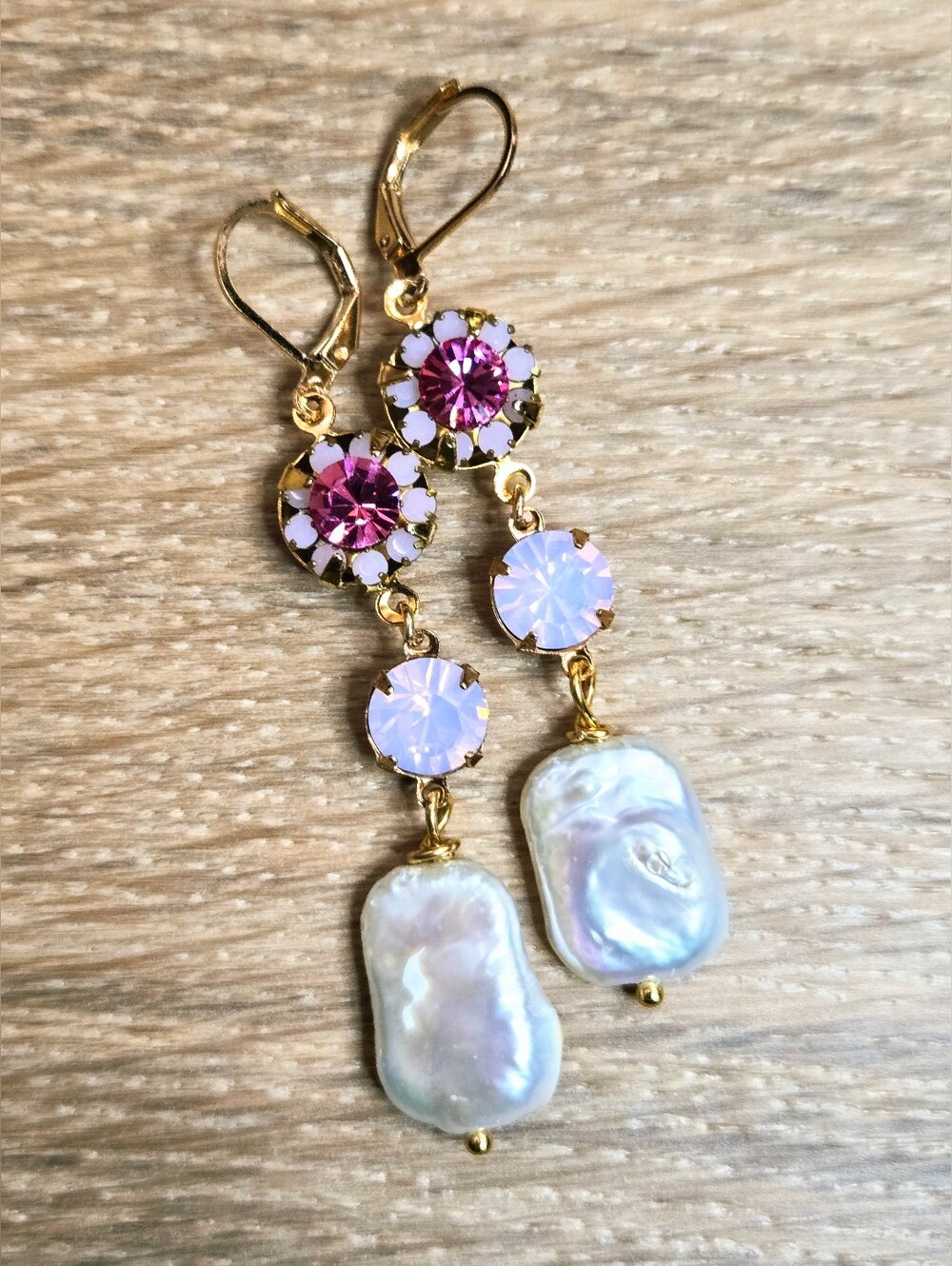 Victorian Pink Flower Swarovski Crystals & Peadls In Ornate Gold Plated Earrings